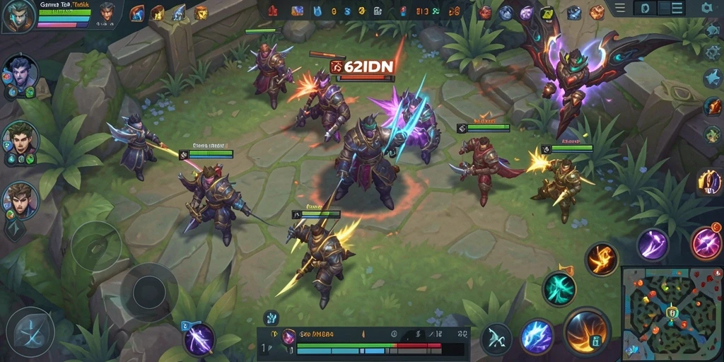 Tangkapan layar gameplay seru 62IDN dengan aksi MOBA intens.