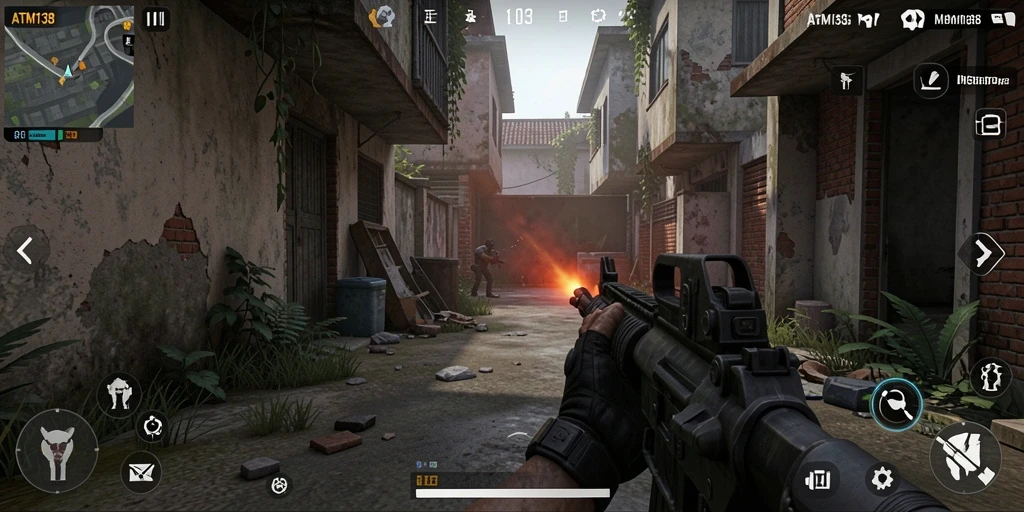 Screenshot gameplay intens dari ATM138 yang menunjukkan aksi tembak-menembak.