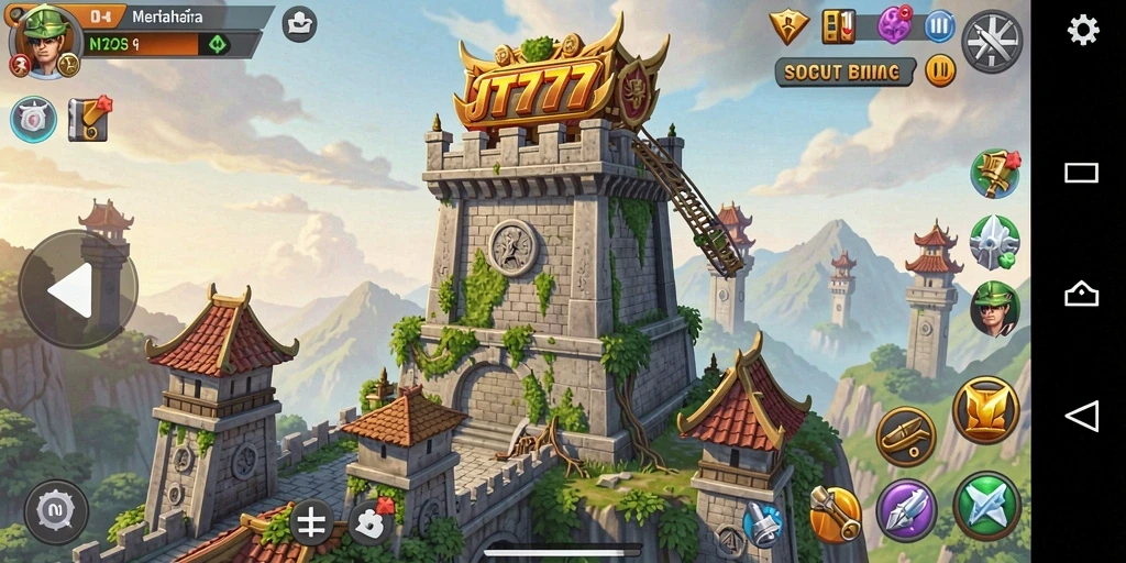 Screenshot gameplay JT777 yang menunjukkan menara sedang bertempur dengan musuh.