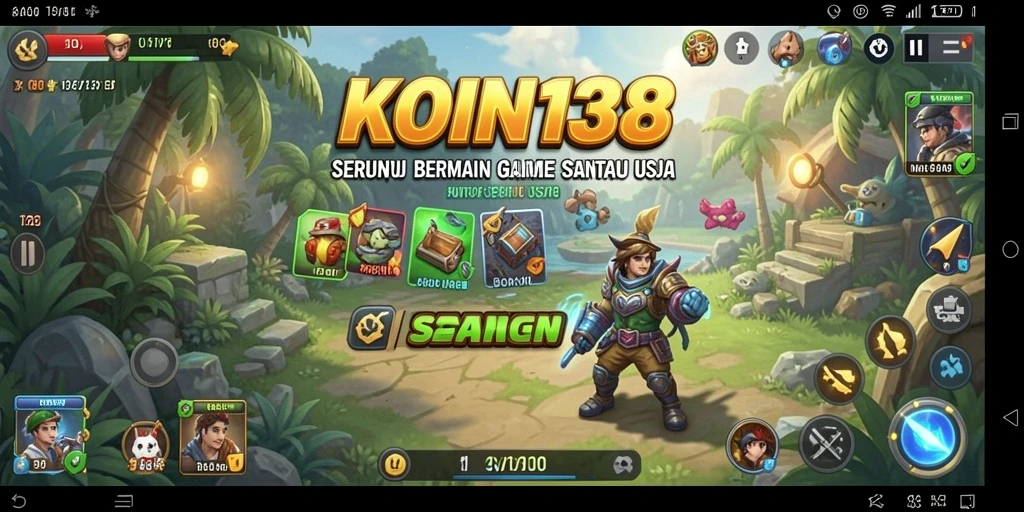 Screenshot menunjukkan gameplay KOIN138 yang ceria dan penuh warna.