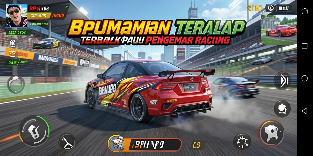 Tampilan gameplay RPVIP8 dengan mobil balap yang melaju kencang di trek.
