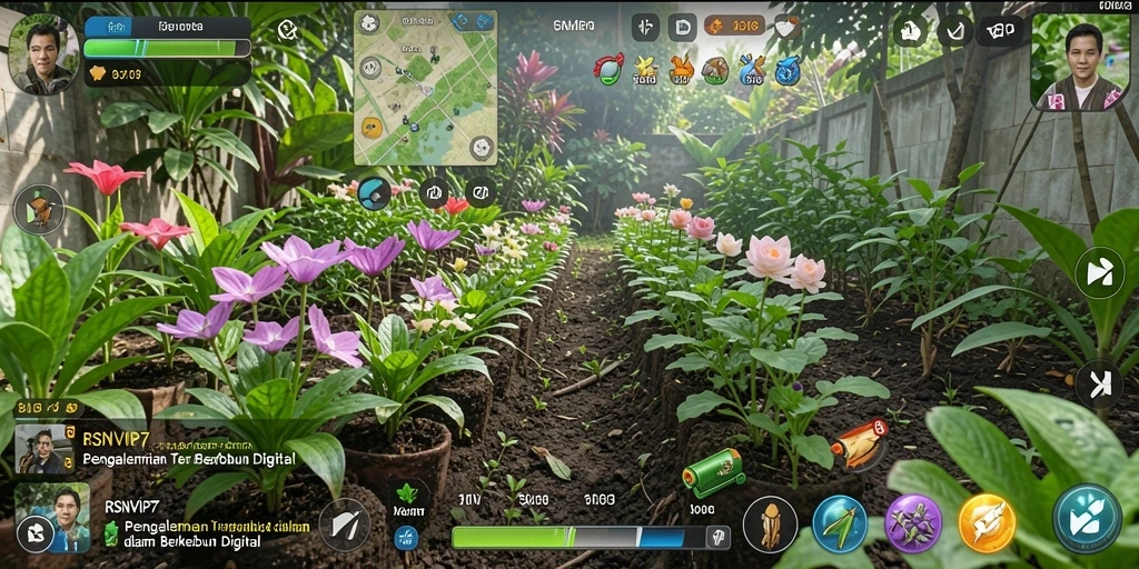 Screenshot gameplay RSNVIP7 menunjukkan kebun yang subur dan aktivitas berkebun.
